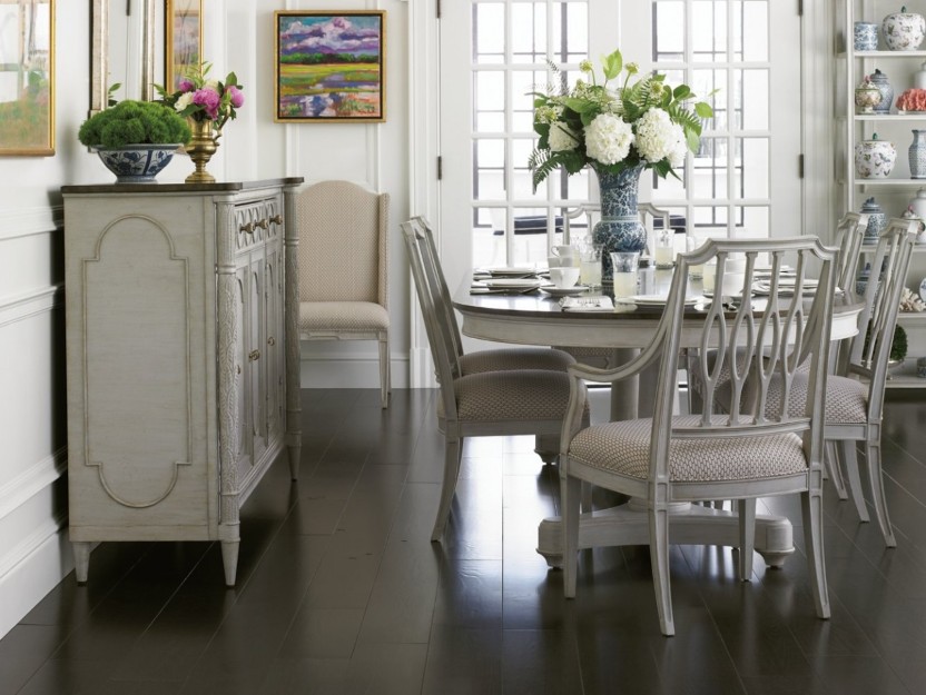 Chic Narrow With Shabby Chic Narrow Dining Table With Big Flower Centerpiece Feat Black Floor Tile And Vintage White Chairs Dining Room  Narrow Dining Table For Saving Space And Delivering Casual Atmosphere 