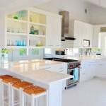 Teak Cabinets Shaped Shiny Teak Cabinets And L Shaped Island In White Kitchen Ideas With Orange High Chairs White Kitchen Ideas Ideal For Traditional And Modern Designs