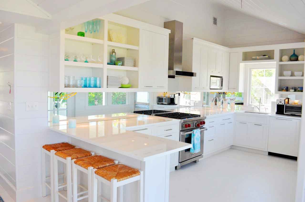 Teak Cabinets Shaped Shiny Teak Cabinets And L Shaped Island In White Kitchen Ideas With Orange High Chairs Kitchen White Kitchen Ideas Ideal For Traditional And Modern Designs