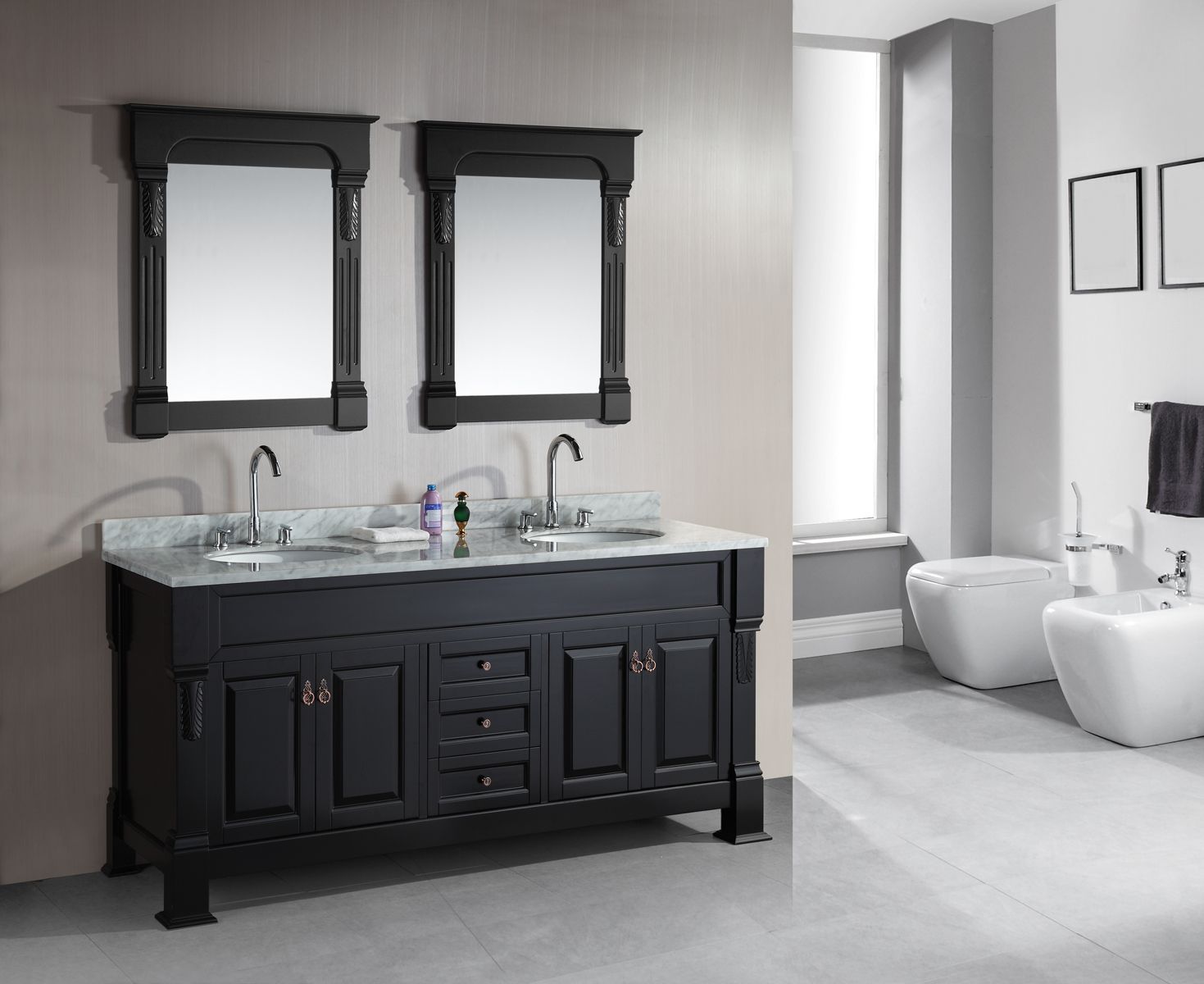 Double Sink Silver Shipshape Double Sink Vanity Feat Silver Faucets Vicinity White Toilets At Modern Bathroom Bathroom Double Sink Vanity Application For Spacious Bathroom Design