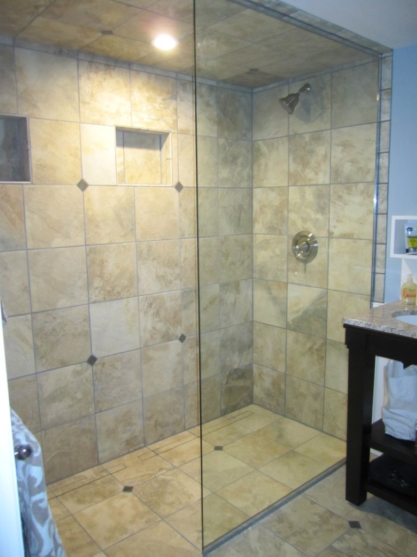 Vanity Aside Paired Simple Vanity Aside Cubical Shower Paired With Individual Caption Linear Drain Designed With Tile Floor Also Wall  Bathroom  Interesting Showers With Linear Drain 