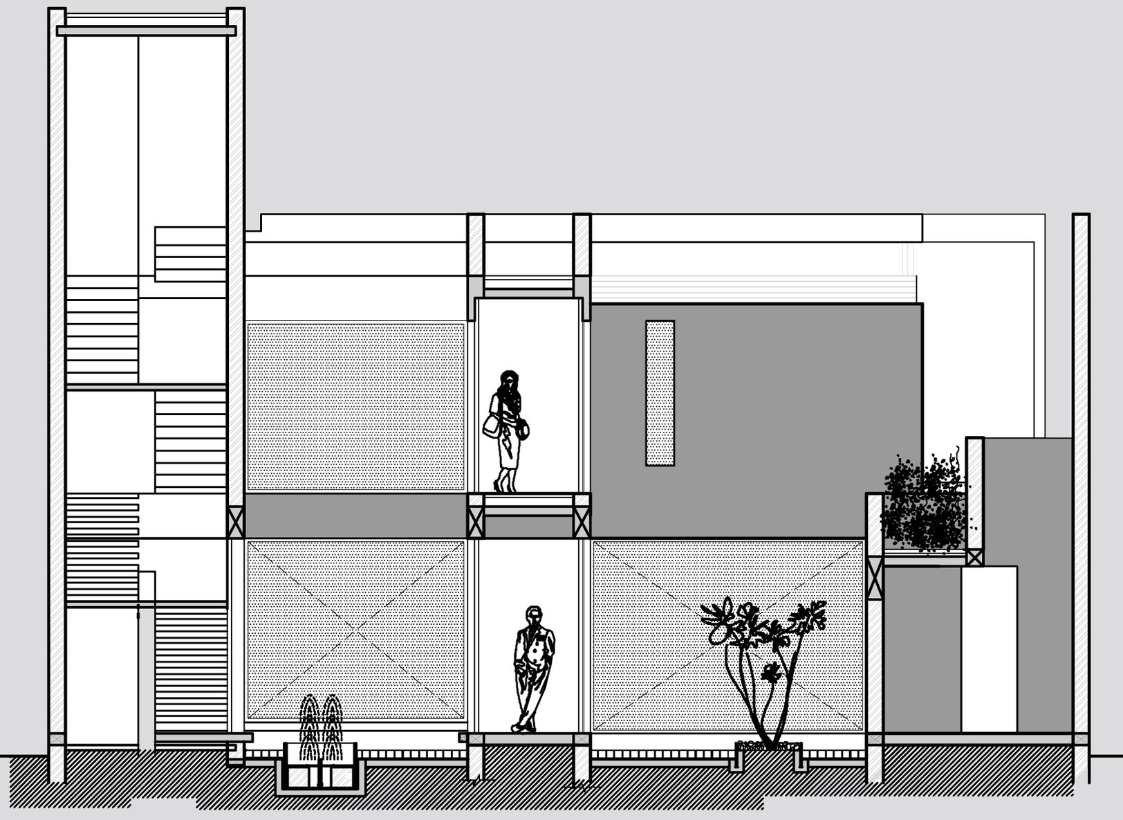 Section A House Sketch Section A Twin Coutyard House Modern Design Plan Architecture Spacious Modern Home With Large Windows On The Walls