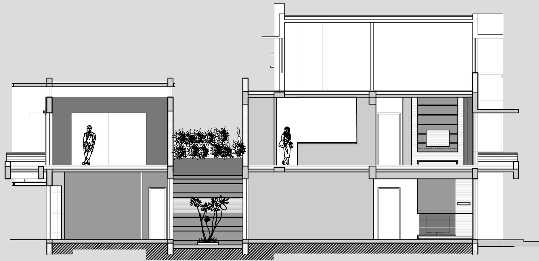 Section C House Sketch Section C Twin Coutyard House Modern Design Plan Architecture Spacious Modern Home With Large Windows On The Walls