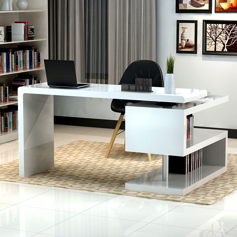 Top Part Desk Sleek Top Part Modern White Desk Facing Black Chair On Carpet And Unique Shelf Furniture Perfect Modern White Desk Application For Home Office