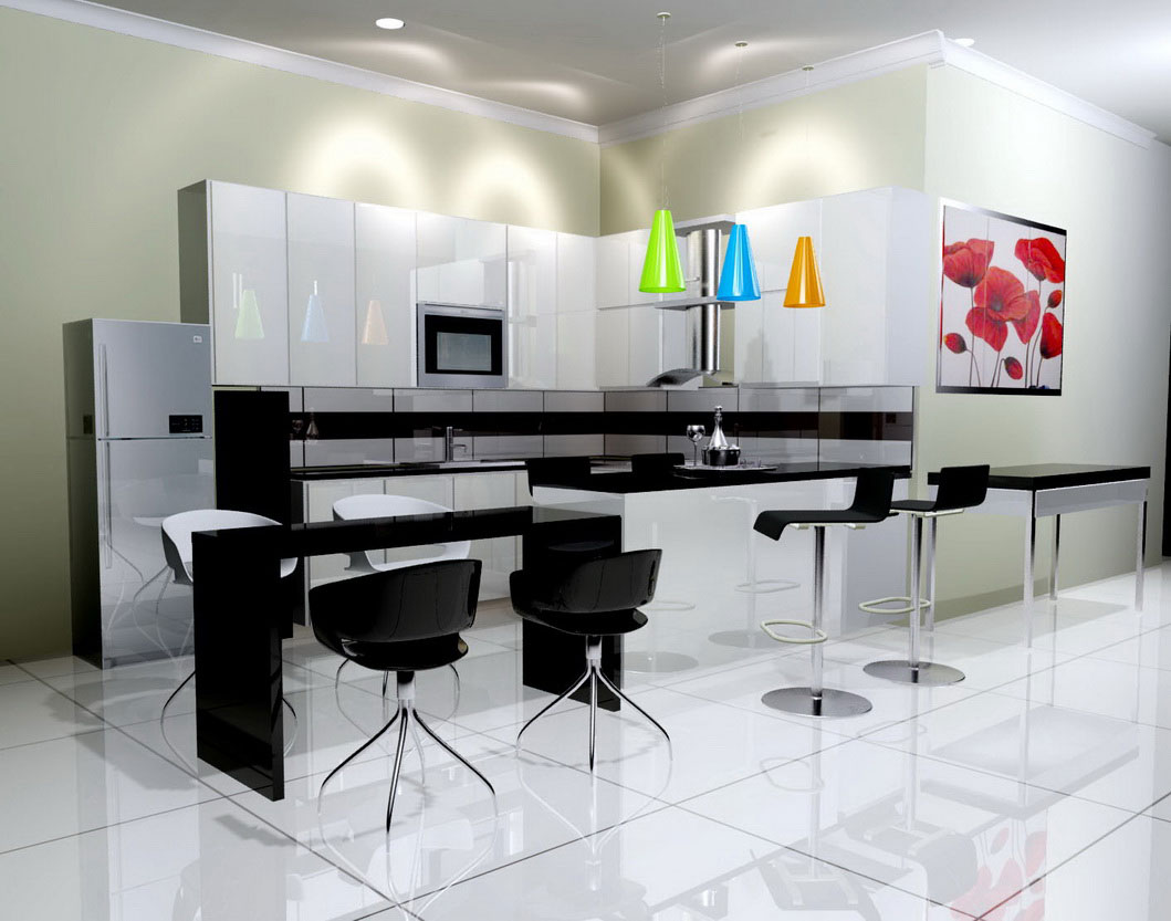 White Floor Kitchen Sleek White Floor Tile For Kitchen And Modern Black Barstools Design Also Colorful Pendant Lighting Idea Kitchen  Kitchen Floor Tile For Nice Kitchen 