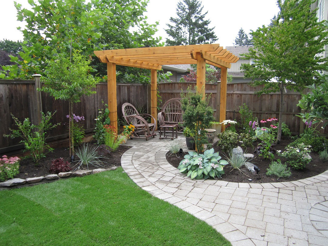 Backyard Design Tile Small Backyard Design With Concrete Tile Pathway And Green Garden Decor Ideas Completed With Wooden Pergola Ideas Backyard Small Backyard Landscaping Concept To Add Cute Detail In House Exterior