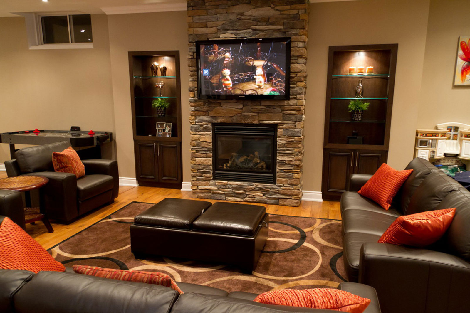 Basement Remodeling Minimalist Small Basement Remodeling Ideas With Minimalist Contemporary Living Room Using Black Leather Sofa And Stone Fireplace Design Basement Finished Basement Ideas With Decorative Style