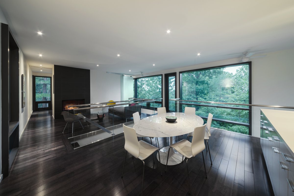 Dining Room House Small Dining Room Modern Hill House Design With Black And White Interior Color Decorating Ideas Dark Hardwood Floor Tiles White Round Table And 6 Chairs Plus Glass Window Architecture Stylish Contemporary Home With A Concrete Brick Facade