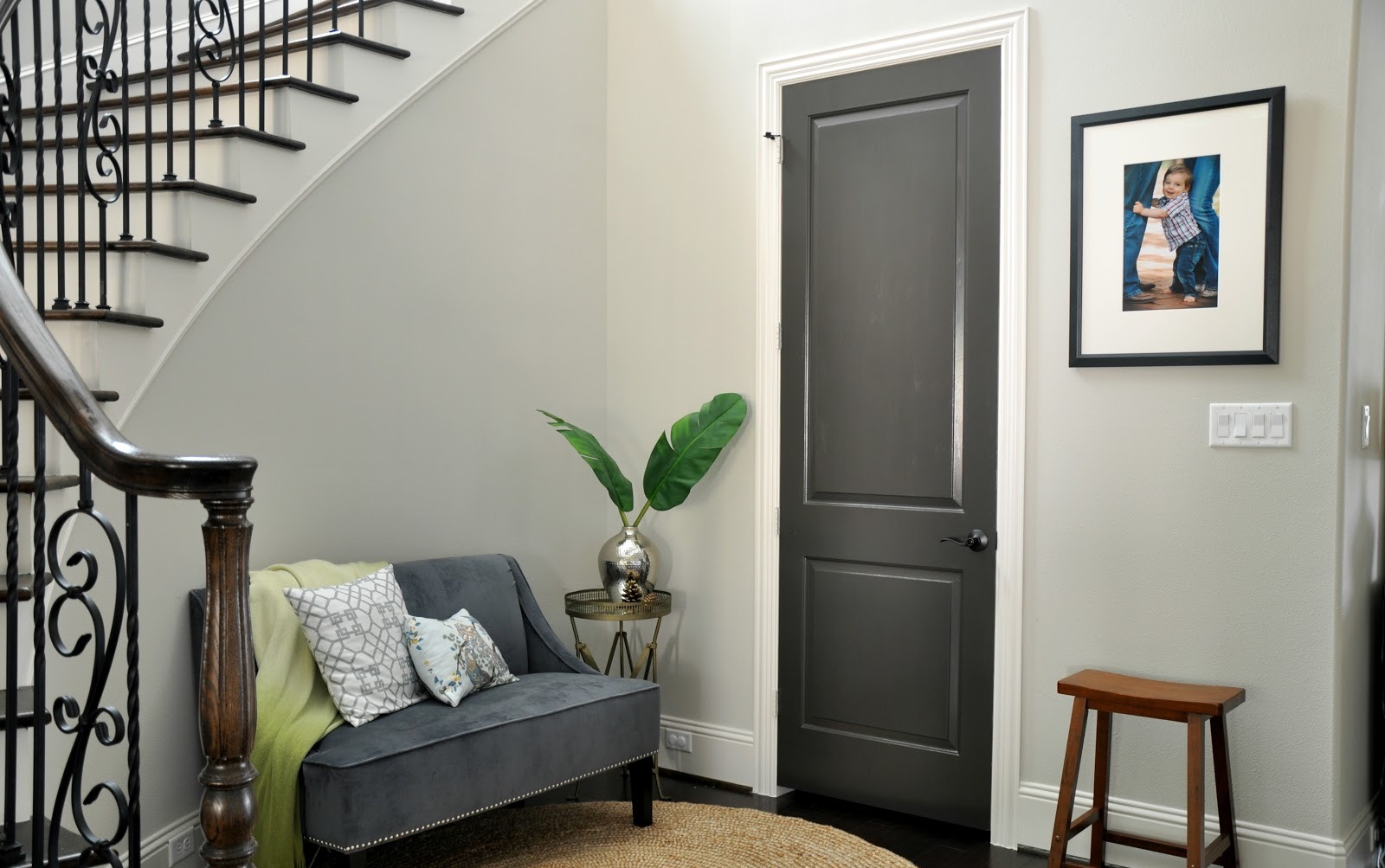 Grey Foyer Under Small Grey Foyer Sofa Set Under Curved Staircase Plus Decorative Black Interior Door Design House Designs  Black Interior Doors Perform Cool Doors 