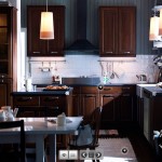 Kitchen Design Schemes Small Kitchen Design And Color Schemes With Classic Dark Wooden Cabinets Design Plus Cool Tube Shaped Hanging Lamp Ideas And Rustic Marble Dining Room Table Kitchen The Balance Between The Small Kitchen Design And Decoration