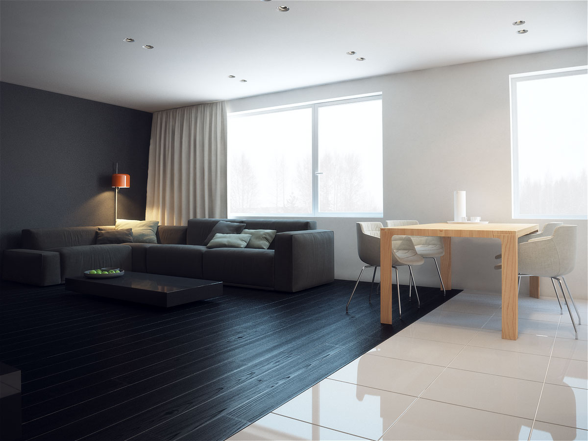 Living And Modern Small Living And Dining Room Modern Apartment Design With Black And White Interior Color Decor Glass Window Curtains Hardwood Floor Tiles Dark Gray Fabric Sofa And Wooden Dining Table Apartment Practical And Functional Apartment With Minimalist Interior Style
