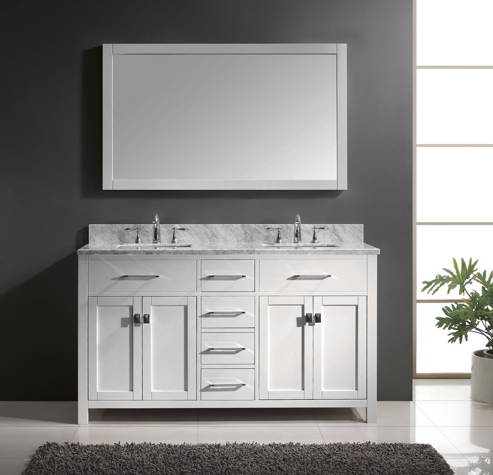 Grey Shag Put Smooth Grey Shag Area Rug Put In Front Of White Bathroom Vanity With Double Sinks Set Under Rectangular Wall Mirror Bathroom  Double Function From Double Sink Vanity 