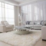 Fur Rug Round Soft Fur Rug And Glossy Round Table In White Living Room Ideas At Modern House Design Living Room White Living Room Ideas With Calm And Relaxing Nuance