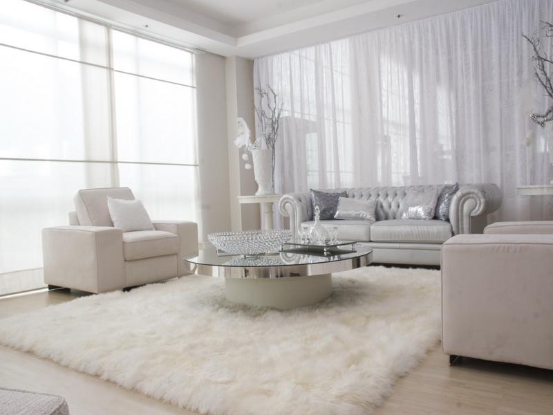 Fur Rug Round Soft Fur Rug And Glossy Round Table In White Living Room Ideas At Modern House Design Living Room White Living Room Ideas With Calm And Relaxing Nuance