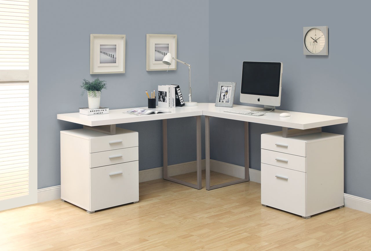 Wall Paint White Soft Wall Paint For Modern White Desk In Fascinating Corner Space And Pictures Near Plant Decor Furniture Perfect Modern White Desk Application For Home Office