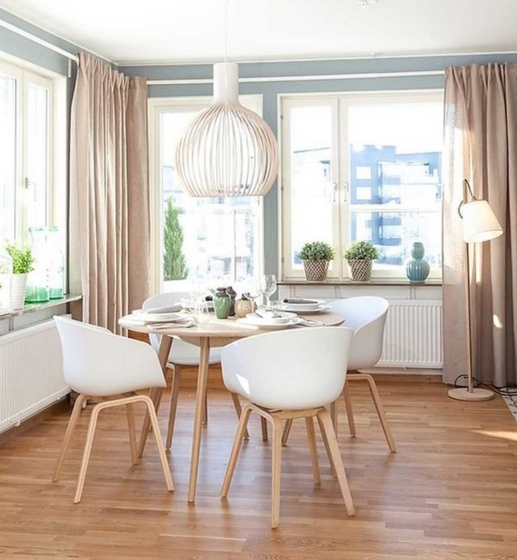 Dining Room Beach Soothing Dining Room Ideas For Beach House With Natural Laminated Wooden Flooring Design And Creative White Pendant Lamps Ideas Also Modern Circle White Wooden Dining Table Design Dining Room The Best Simple Dining Room Ideas