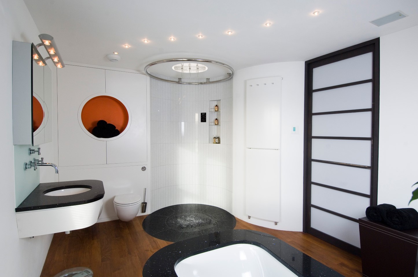Bathroom Shower With Sophisticated Bathroom Shower Ideas With With Round Orange Niche And Black White Floating Sink Bathroom Shower Bathroom Ideas For Your Modern Home Design