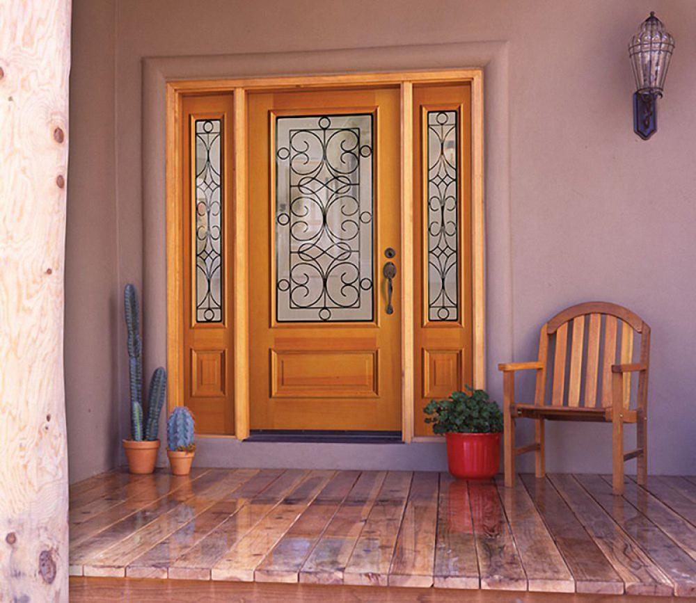 Wood Glass Mixed Stained Wood Glass Exterior Door Mixed With Railing Armchair On Sleek Deck Flooring Ideas Decoration Fascinating Wooden Doors That Work In Every Room