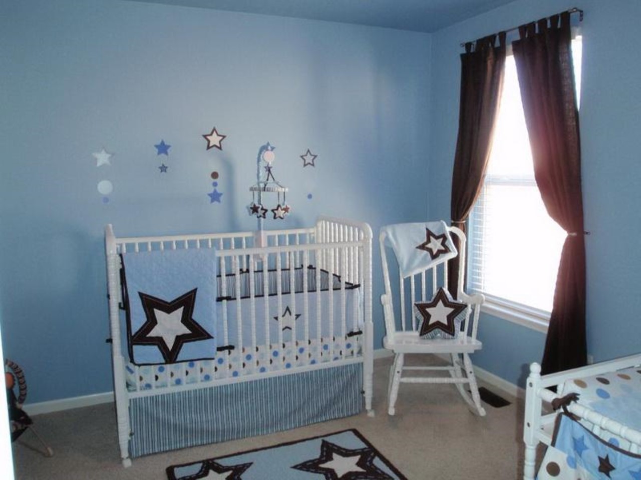 Themed Crib Blue Star Themed Crib Bedding Plus Blue Wall Paint Color In Lovely Baby Boy Nursery Idea Feat Comfortable White Rocking Chair Kids Room Awesome Baby Boy Nursery Room Ideas