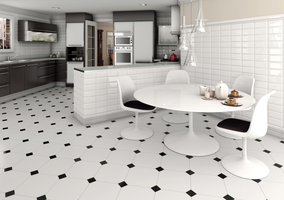 Black And Flooring Stunning Black And White Tile Flooring Idea For Kitchen Plus Modern Round Dining Table And Glass Pendant Lights House Designs  Fantastic Interior Feature With Mesmerizing Tile Floor Ideas 