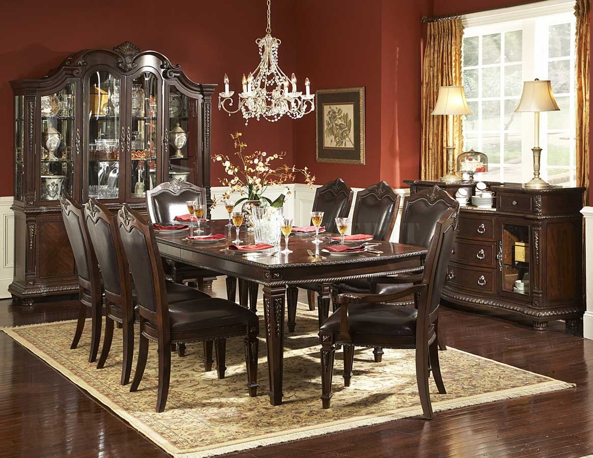 Dark Brown Of Stunning Dark Brown Color Furniture Of Formal Dining Room Sets With Elongated Table And Chairs On Rug Furnished With Chandelier And Completed With Cupboards Dining Room Formal Dining Room Sets For Contemporary Interiors