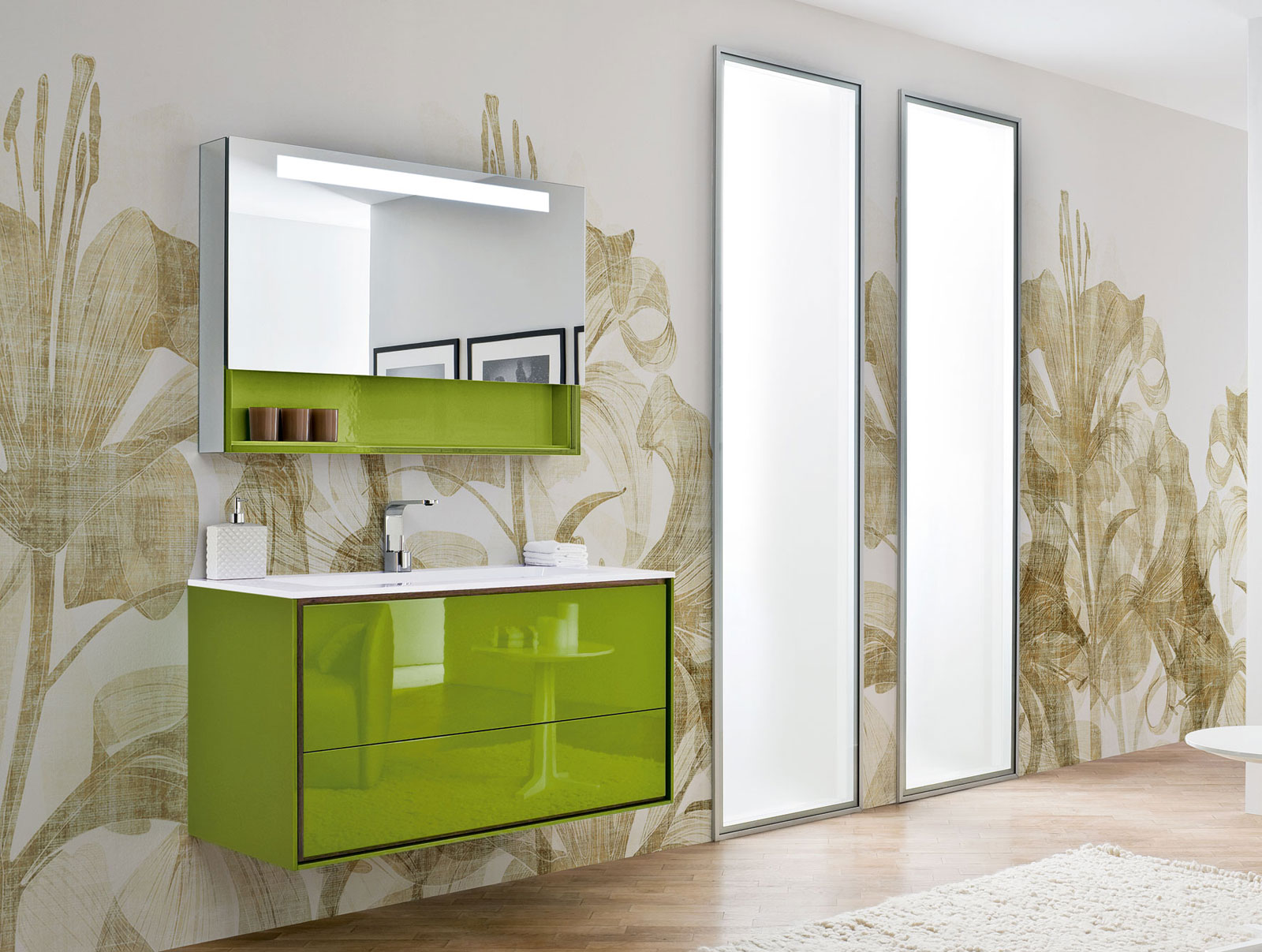 Modern Bathroom Design Stunning Modern Bathroom With Minimalist Design Applying Flowers Wall Painting Decorations Completed With Bathroom Vanity Cabinets In Green Color And Furnished With Mirror Bathroom 15 Bathroom Vanity Cabinets For Your Captivating Home
