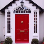 Red Wood With Stunning Red Wood Entry Door With Arched Fanlight And Narrow Sidelights Idea Feat Cute Flowers Garden Exterior Creating Wooden Entry Doors With Beautiful Views