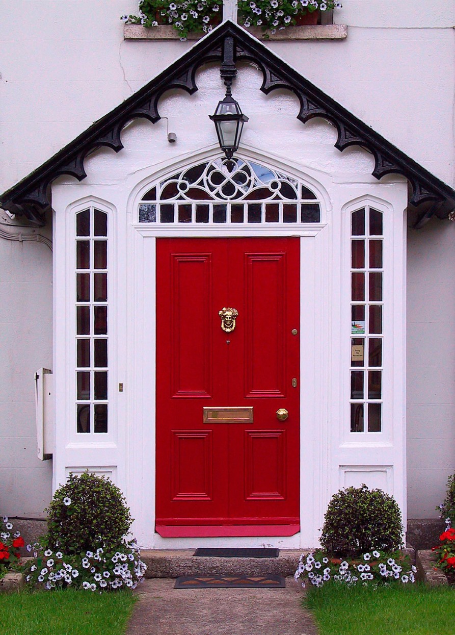 Red Wood With Stunning Red Wood Entry Door With Arched Fanlight And Narrow Sidelights Idea Feat Cute Flowers Garden Creating Wooden Entry Doors With Beautiful Views