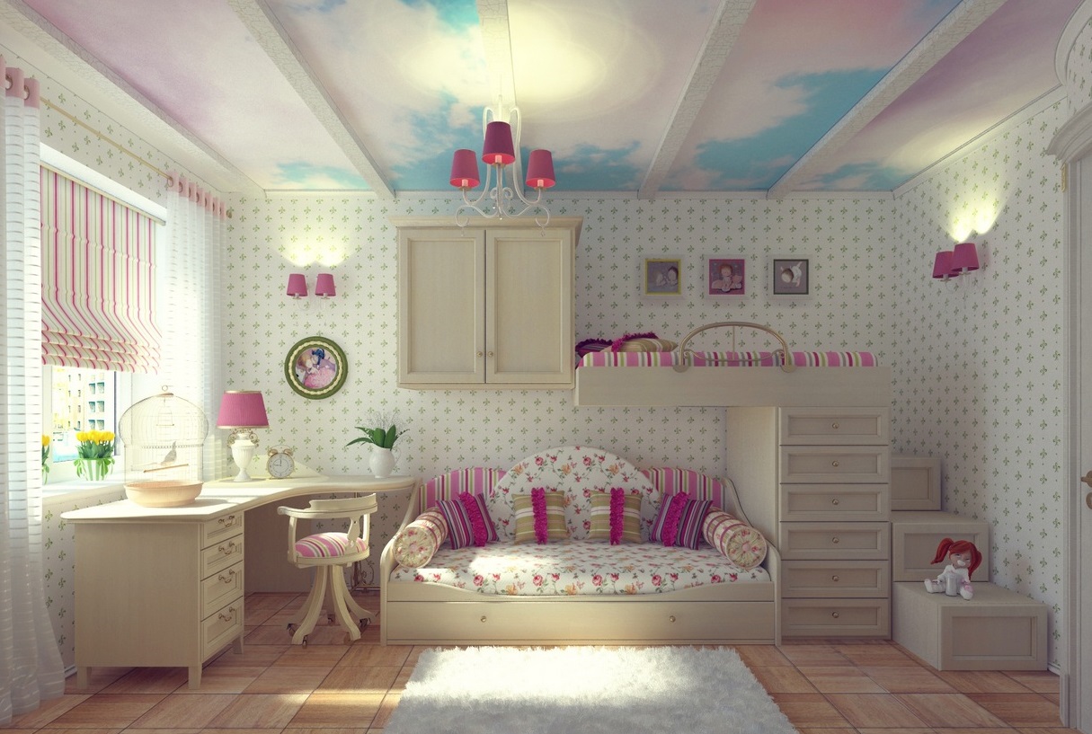 White Cute Applying Stunning White Cute Bedroom Ideas Applying Sky Ceiling Painting Design With Chandelier Furnished With Bunk Bed Combined With Cupboard And Completed With Desk Plus Sofa Bedroom Cute Bedroom Ideas For Enhancing House Interior