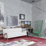 And Decorative Furniture Stylish And Decorative Living Room Furniture Interior Design With White Sofa Green Lounge Chair With High Back Red Carpet Tile Concrete Wall Painting Art And Mounted Bookshelf Ideas Apartment Stunning Concrete Home With Hip And Stylish Decorative Accessories