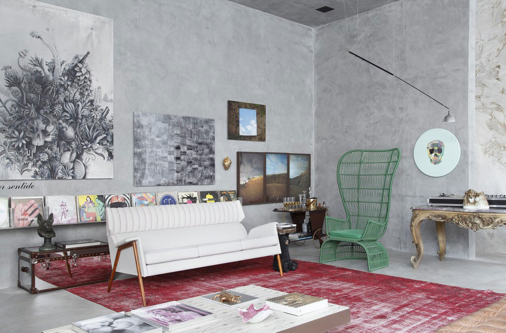 And Decorative Furniture Stylish And Decorative Living Room Furniture Interior Design With White Sofa Green Lounge Chair With High Back Red Carpet Tile Concrete Wall Painting Art And Mounted Bookshelf Ideas Apartment Stunning Concrete Home With Hip And Stylish Decorative Accessories