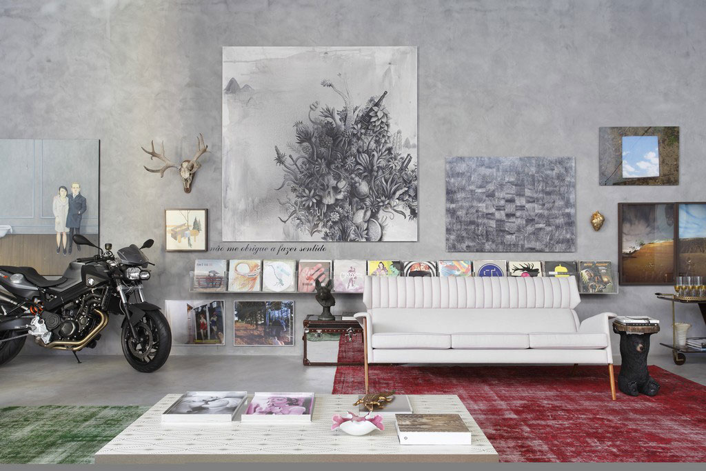 And Decorative Interior Stylish And Decorative Living Room Interior Furniture Design With Motorcycle Parking Space In The Corner White Sofa And Concrete Wall Painting Art And Wall Mounted Picture Frame Ideas Apartment Stunning Concrete Home With Hip And Stylish Decorative Accessories