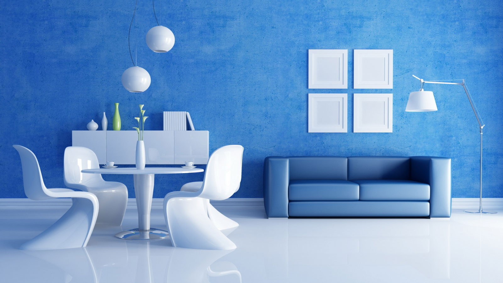 Blue Interior And Stylish Blue Interior Wall Painting And Cute Leather Sofa Design Plus S Shaped Chairs Feat Tolomeo Mega Floor Lamp Furniture  Going Easy To Relax On A Blue Leather Sofa 