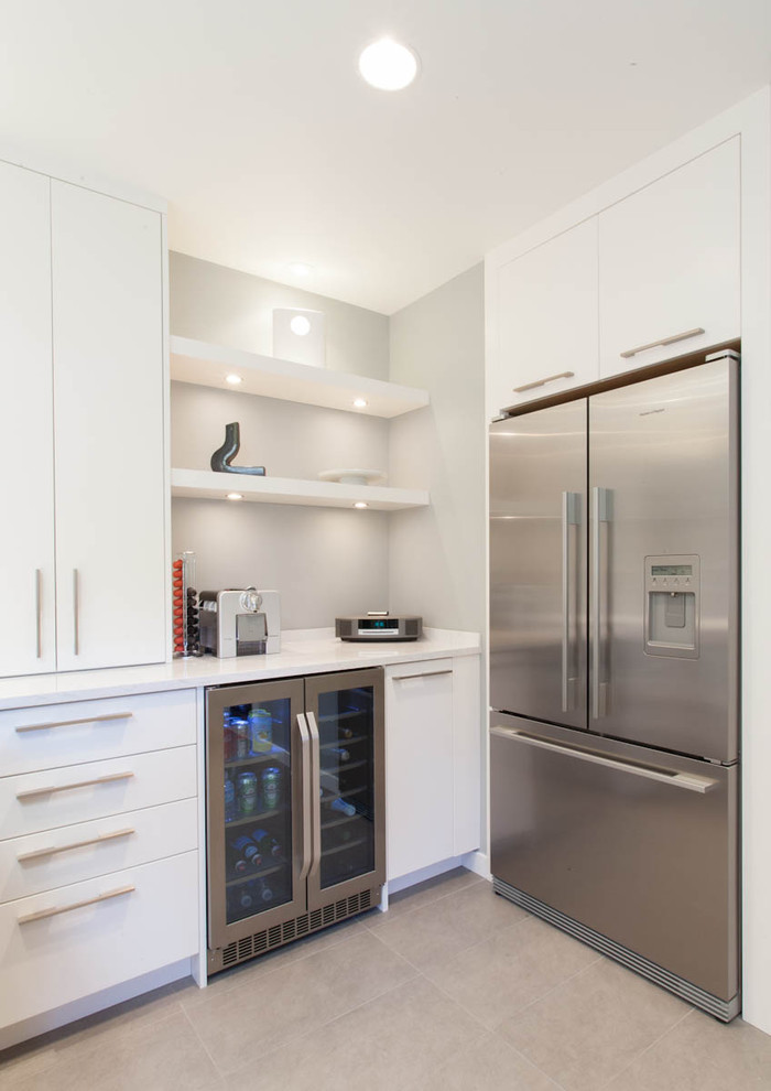 Design With White Stylish Kitchen Design With Marble Floor White Painted Walls White Cabinets And Glass Door Mini Fridge Decoration Stylish Glass Door Fridge To See What Is Inside