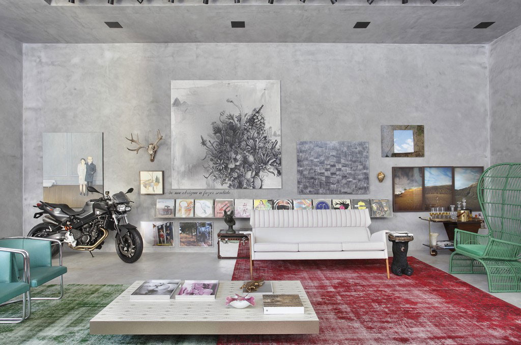 Living Room Decorating Stylish Living Room Furniture Interior Decorating Ideas With Concrete Wall Painting Art White Sofa And Green Chair With Canopy Plus Motorcycle Parking Space In The Corner Apartment Stunning Concrete Home With Hip And Stylish Decorative Accessories