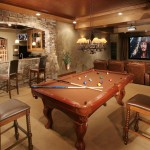 Media Room Kitchen Stylish Media Room Design With Kitchen Pool Table Brown Cushioned Seats Chairs Chandelier And Flat Screen TV For Media Room Ideas Decoration Decorative Media Room Ideas In Contemporary Design