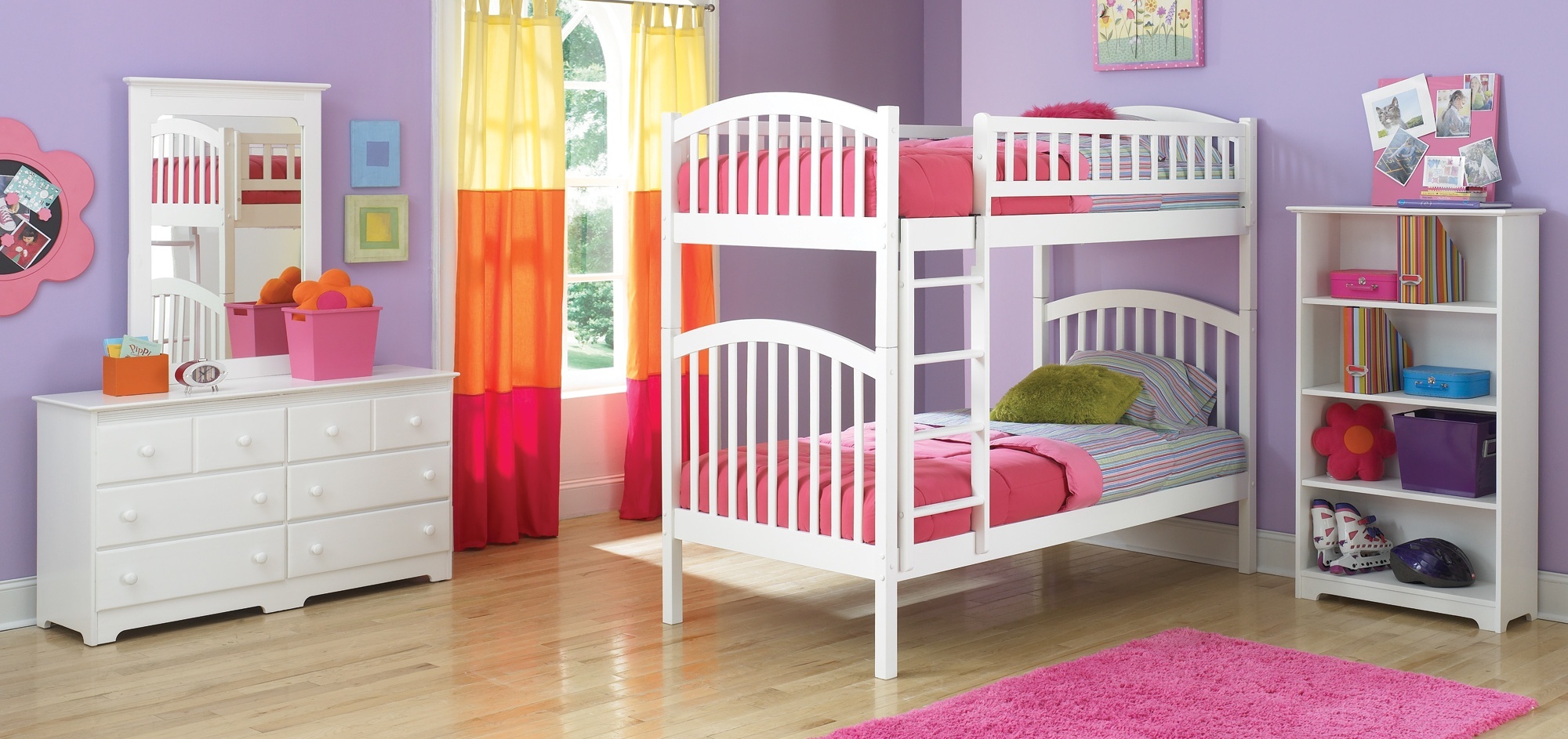 White Kids Color Stylish Pure White Kids Bedroom Sets Color Scheme Feats With Purple Wall Paint Ideas And Pink Fluffy Rug Bedroom Best Bedroom Colors For Kids Bedroom Set