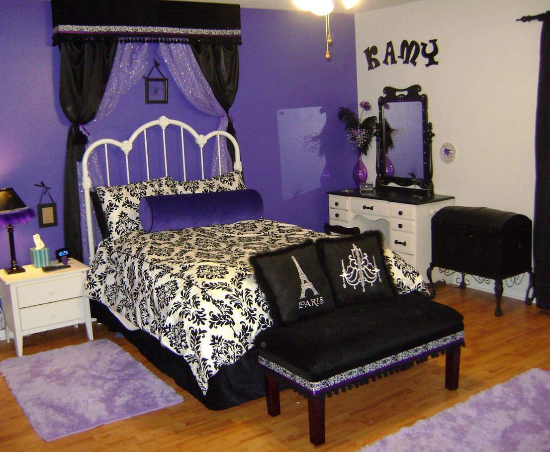 White Cute Applying Stylish White Cute Bedroom Ideas Applying Dark Purple Accent Wall Color Furnished With Medium Bed And Black Bench Completed With Night Lamp On Nightstand Plus White Dresser Bedroom Cute Bedroom Ideas For Enhancing House Interior