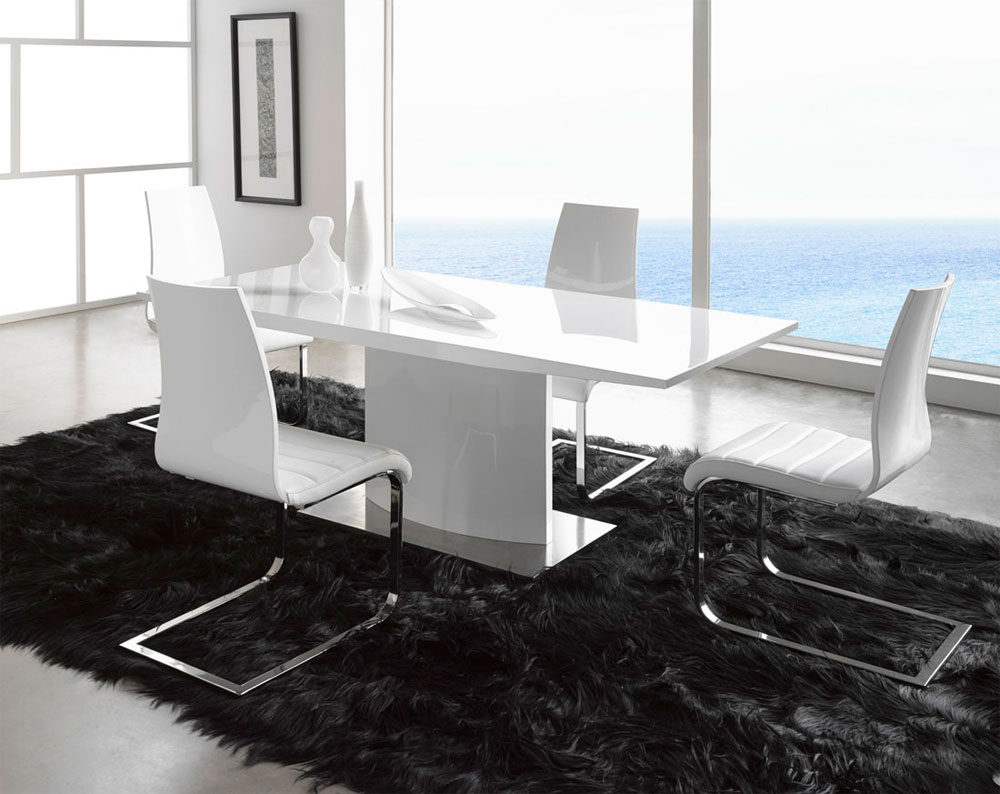 White Leather With Stylish White Leather Dining Chairs With Metal Frame Plus Amazing Black Fluff Area Rug And Narrow Table Idea Dining Room  White Leather Dining Chairs Inducing Beauty As Well As Elegance 