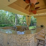 Kitchen Idea Exterior Summer Kitchen Idea Featured Extraordinary Exterior Ceiling Fans Plus Cool Outdoor Bar Table And Beige Upholstered Stools Exterior Exterior Ceiling Fans With Stylish Design