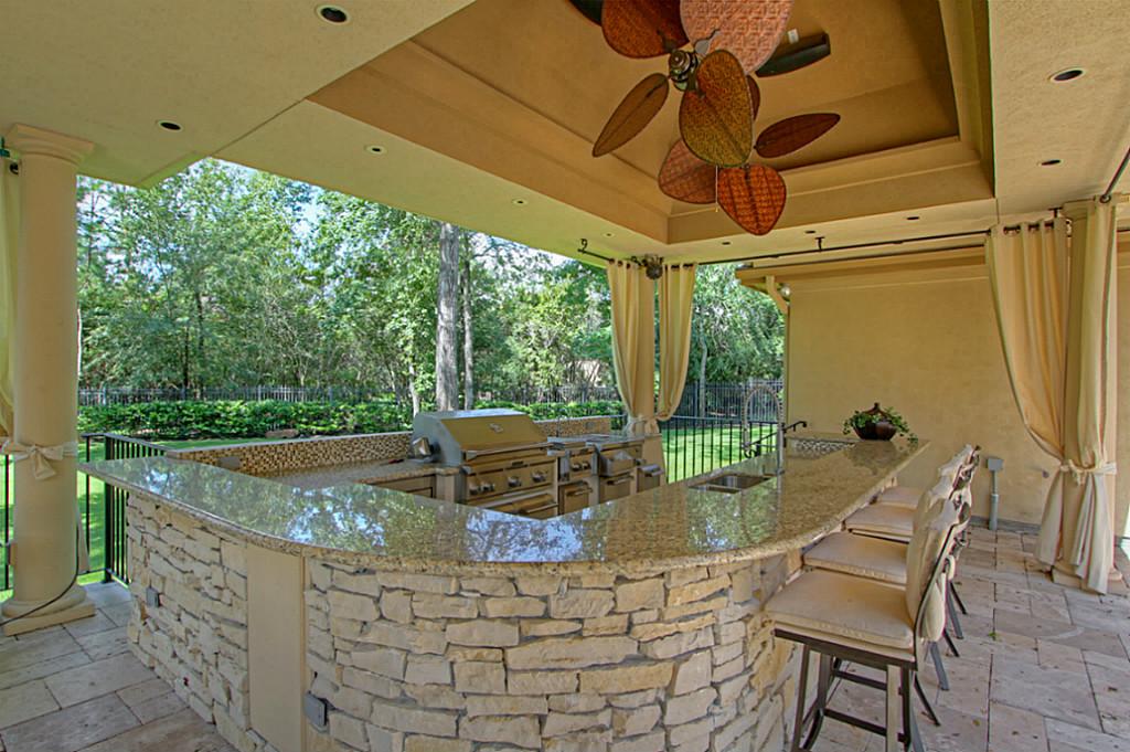 Kitchen Idea Exterior Summer Kitchen Idea Featured Extraordinary Exterior Ceiling Fans Plus Cool Outdoor Bar Table And Beige Upholstered Stools Exterior Exterior Ceiling Fans With Stylish Design