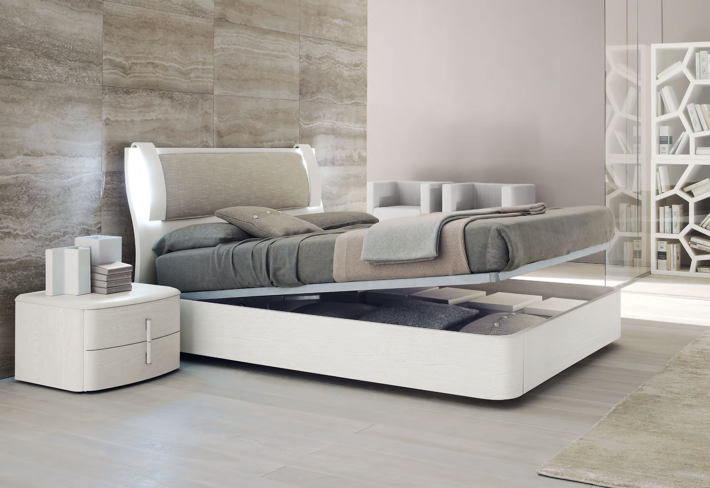 Modern Bedroom Reclinig Surprising Modern Bedroom With White Reclining Bed Furnished With Gray Cover Also Pillows Of Modern Bedroom Furniture Completed With Nightstand Drawers And Density Rug Furniture Modern Bedroom Furniture: The Platform Style