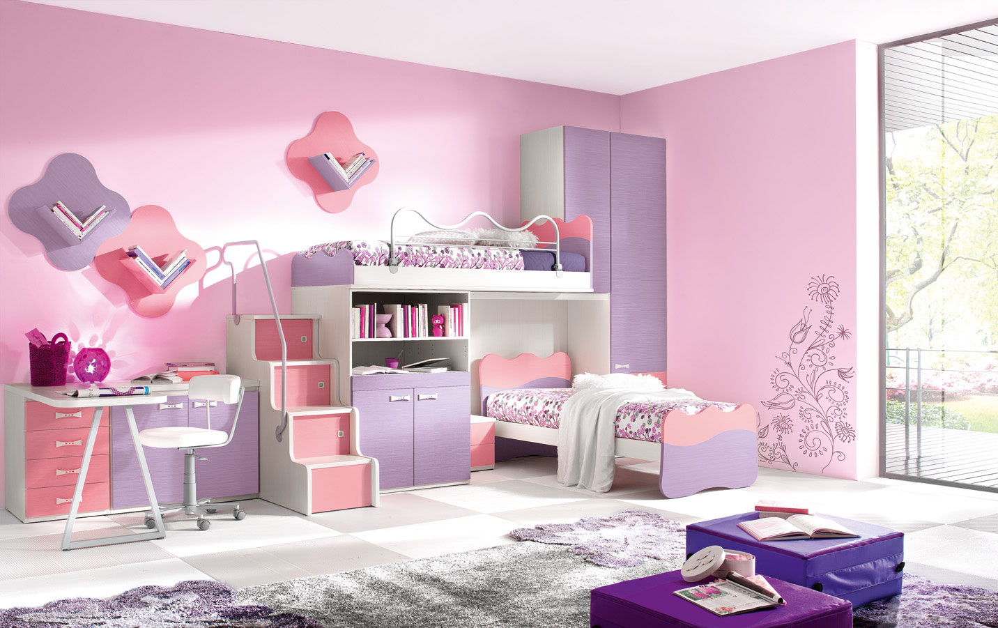 Purple Pink Ideas Surprising Purple Pink Cute Bedroom Ideas For Teenage Girls With Bunk Beds Combined With Cupboards Furnished With Desk And White Chair Plus Completed With Rug Cute Bedroom Ideas For Enhancing House Interior