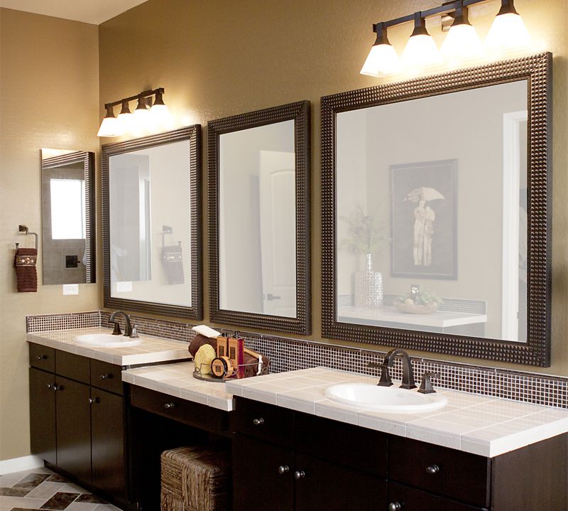 Pair Of Mirrors Three Pair Of Bathroom Vanity Mirrors In A Bathroom With Marble Floor Beige Painted Walls And Built In Washbasins Cabinets Bathroom Stunning Bathroom Vanity Mirrors For Elegant Homes