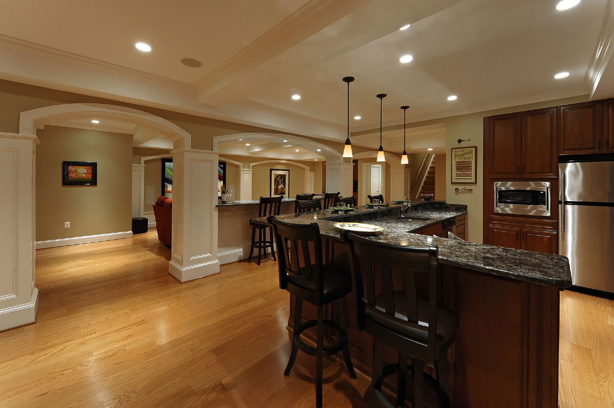 Finished Basement Wooden Traditional Finished Basement Ideas With Wooden Flooring And Traditional Kitchen Design Using Marble Countertop Basement Finished Basement Ideas With Decorative Style