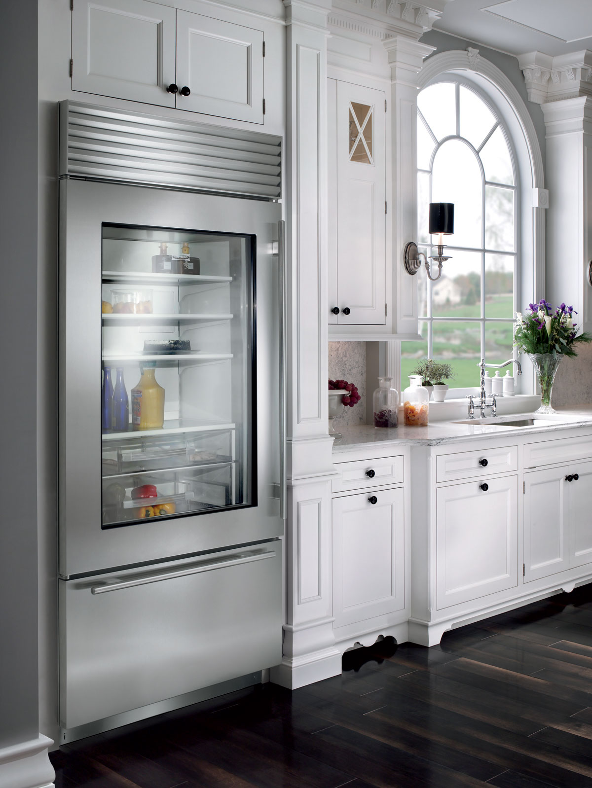 Kitchen Design White Traditional Kitchen Design Interior With White Kitchen Cabinet Made From Wooden Material Completed With Glass Door Refrigerator Design Decoration Glass Door Refrigerator As A Treasure Box For Your Hot Day