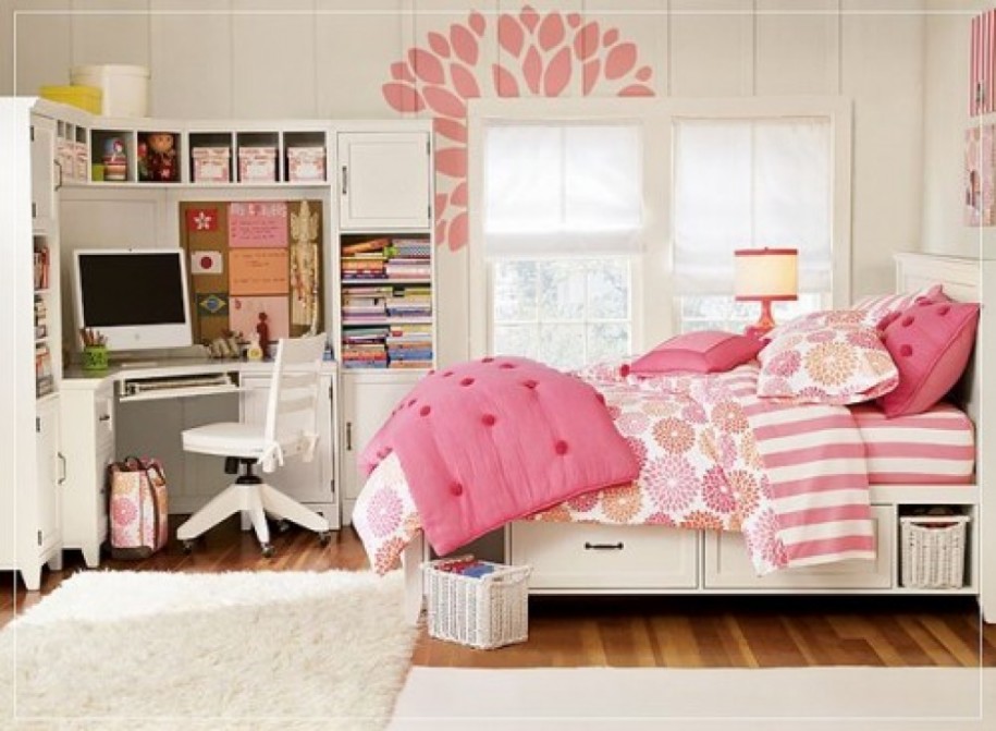 Curvy White In Trendy Curvy White Computer Desk In Nice Teen Room Ideas With Gorgeous Bedding Sets And Pink Wall Art Interior Design Beautiful Teen Girl Room Interior Design Embellished With Charming Wall Decor