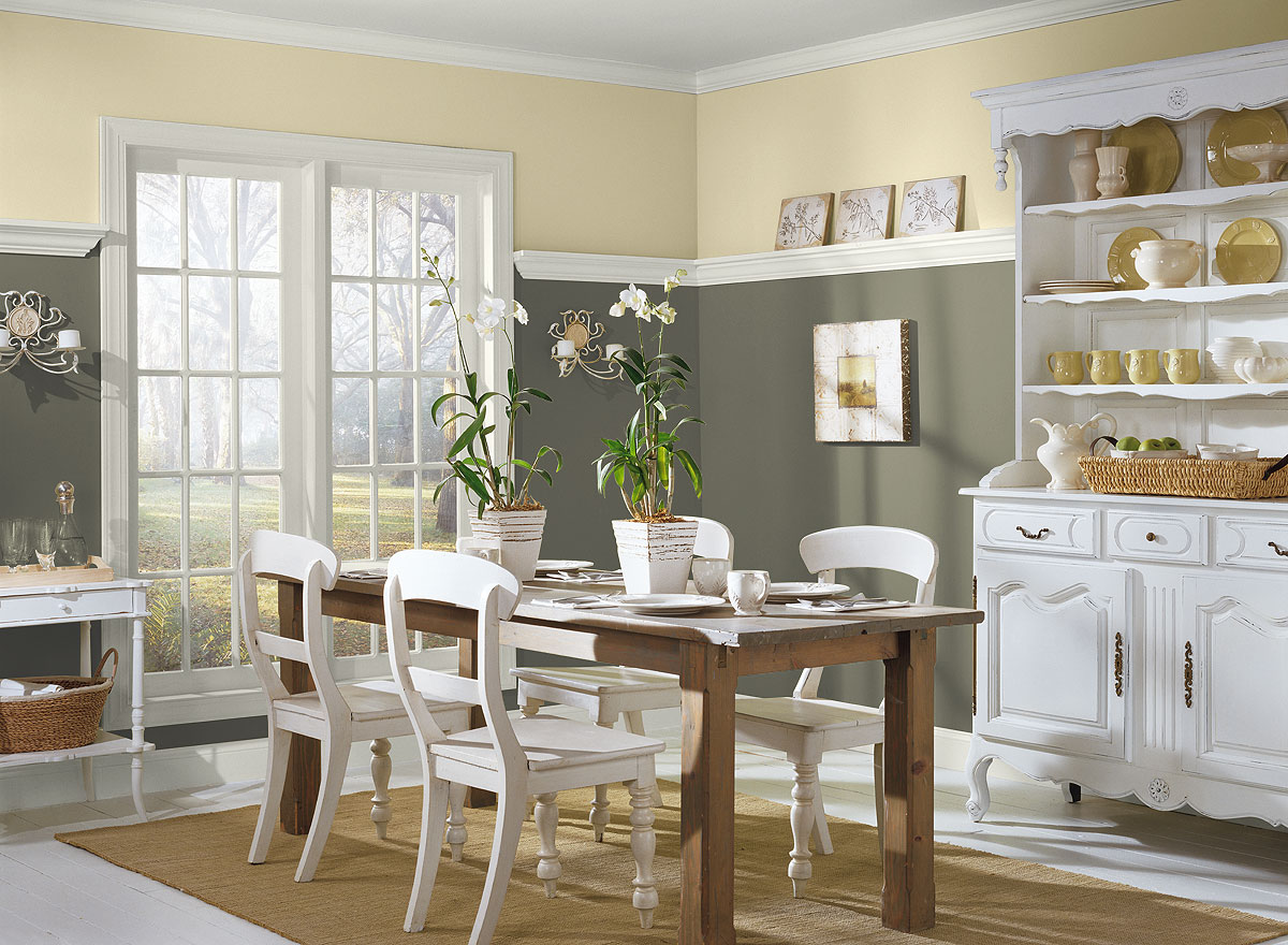 Two Tone Paint Trendy Two Tone Dining Room Paint Colors Also Captivating Table Decorating Idea With Couple Potted Flowers Dining Room Marvelous Dining Room With Chic Paint Color Schemes