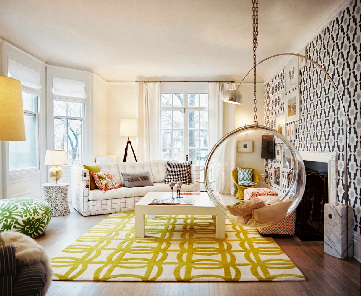 Yellow Rug Wallpaper Trendy Yellow Rug Or Geometric Wallpaper Feat Glass Hanging Chair On Lovely Living Room Inspiration Living Room  Cozy Stylish Modern Living Room Ideas With Outdoor Beautiful Scenery 