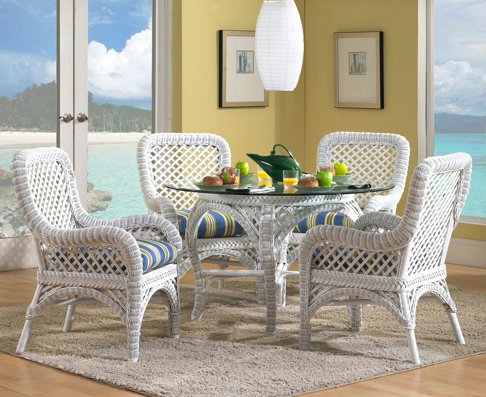 House Theme Decorative Tropical House Theme Focused On Decorative Round Glass Dining Table With White Rattan Chairs Set On Brown Shag Area Rug Dining Room Cozy Rattan Dining Chairs For Classic Dining Room